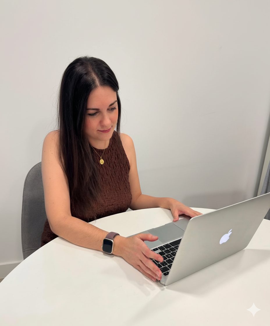 Maria con computador en un entorno profesional